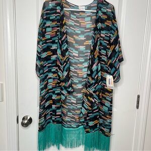 LuLaRoe Multicolor Geometric Kimono Size Large Women’s NWT Tassels
